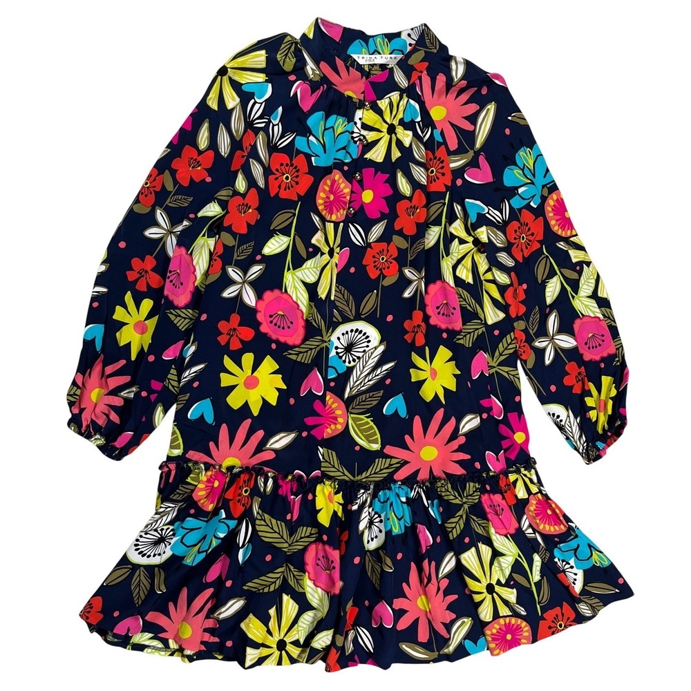 Trina Turk Multicolor Floral Silk Dress Size S Buttons Knee Length Ruffle Hem